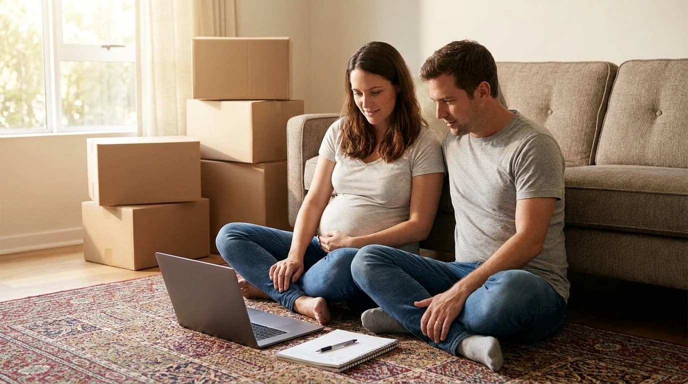 Two expectant parents sitting on a living room floor with a laptop open between them and unopened baby gear boxes stacked behind them.