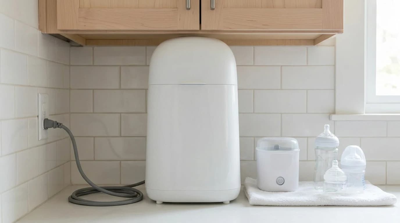 A tall countertop bottle washer under a kitchen cabinet with inches of clearance above its lid, a smaller steam sterilizer beside it for scale.