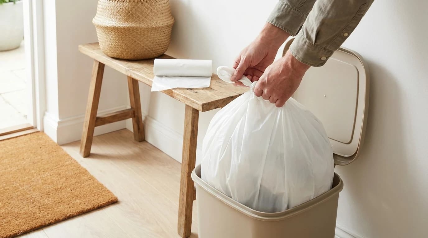 A pair of hands tying off a full white kitchen trash bag lifted out of a lidded bin in a bright entryway.