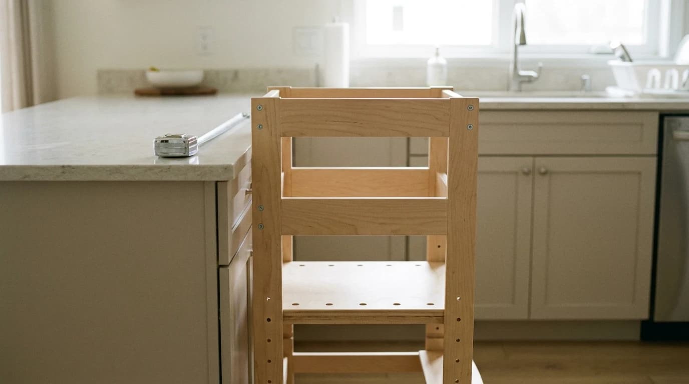 A plain wooden toddler tower with enclosed rails and a peg-adjusted platform pushed flush against a kitchen counter, with a tape measure on the countertop.