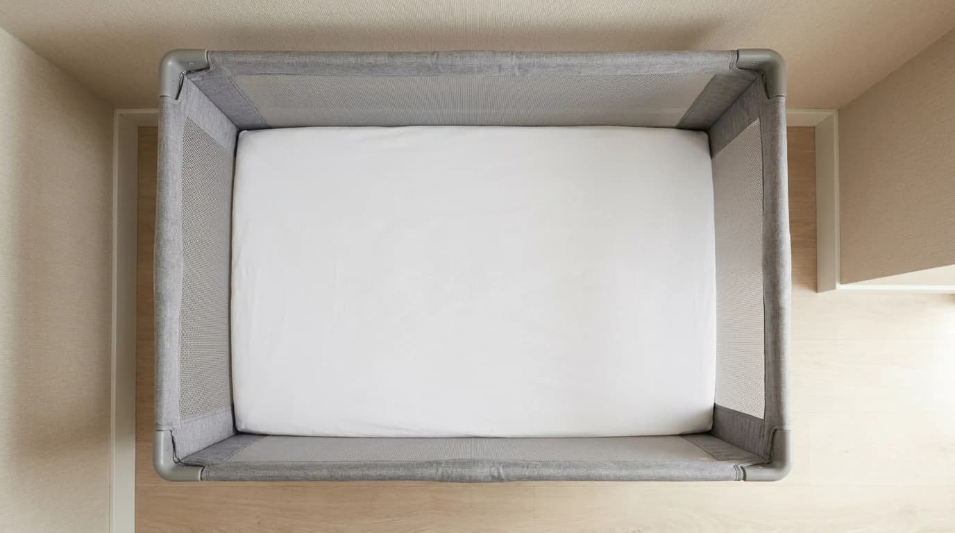 A play yard interior holding only a fitted sheet over its flat mattress pad.
