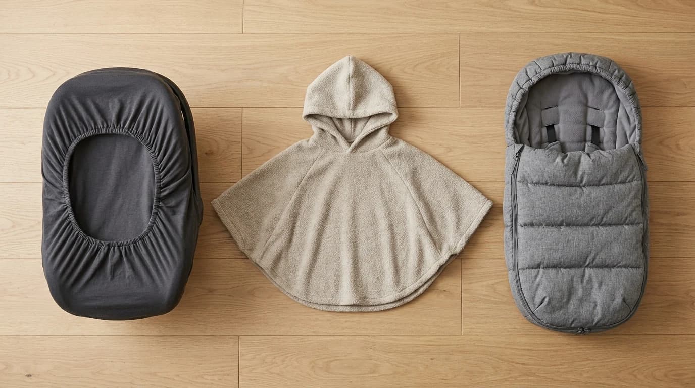 Three plain winter baby items laid side by side on a wooden floor: a stretch infant car seat cover with an elastic rim, a hooded fleece poncho, and a padded stroller footmuff with harness slots.