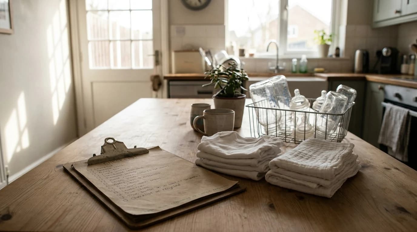 A registry checklist on a kitchen table beside a folded stack of onesies, burp cloths, and a bottle drying rack in soft daylight.