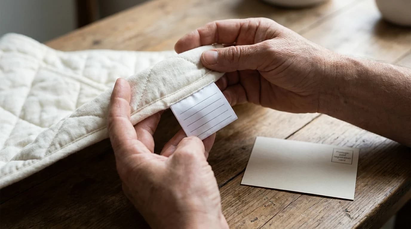 Adult hands holding a padded baby product turned over to show a sewn-in fabric label, next to a small registration card on a wooden table.
