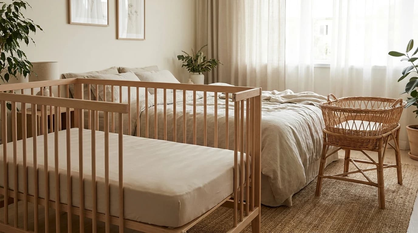 An empty crib in a bedroom holding nothing but a fitted sheet on a firm mattress, with a bassinet beside the parents' bed in the background.