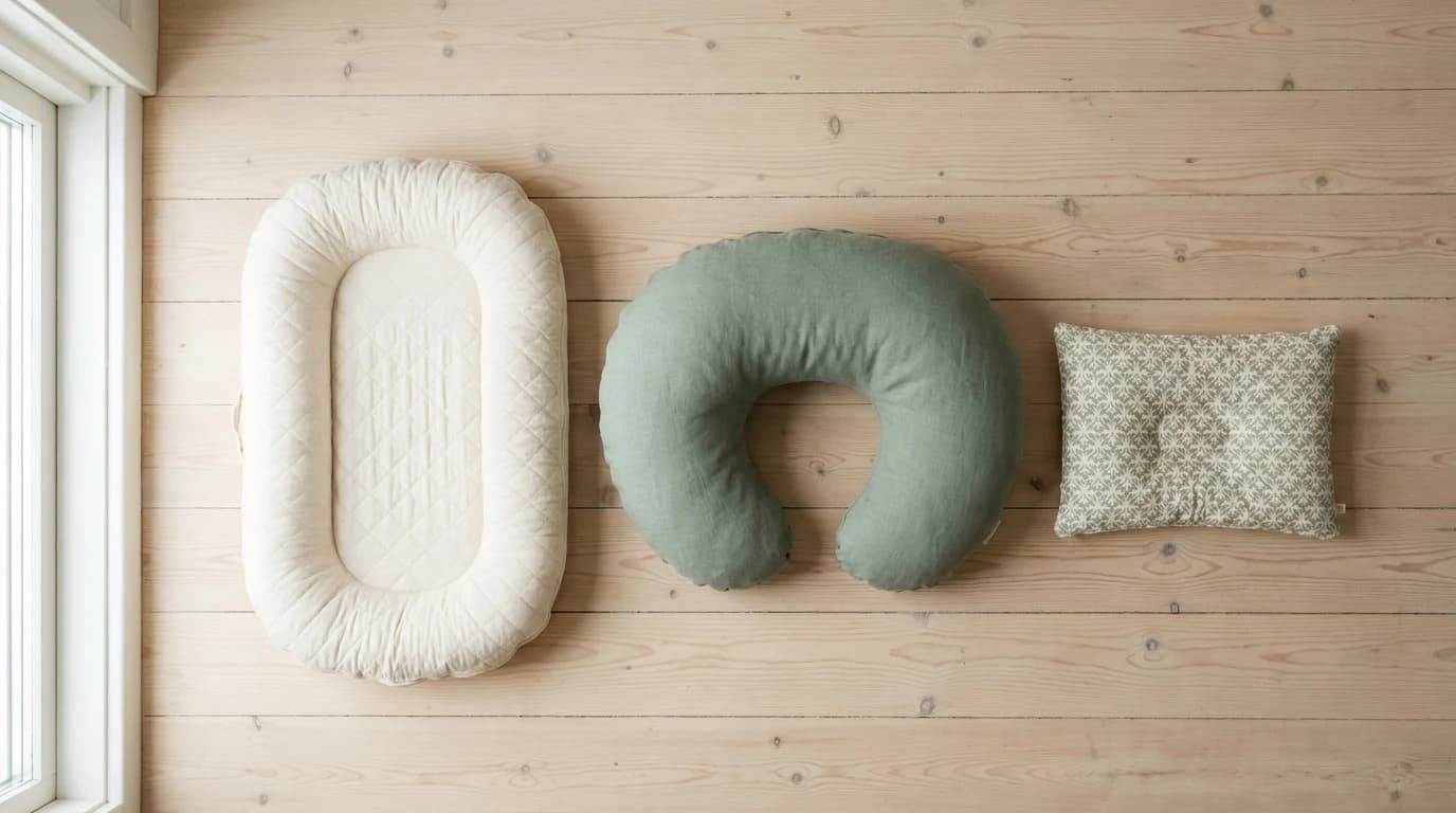 Three infant support cushions laid out on a nursery floor: an oval lounger with a raised rim, a curved nursing pillow, and a small flat tummy-time pillow.