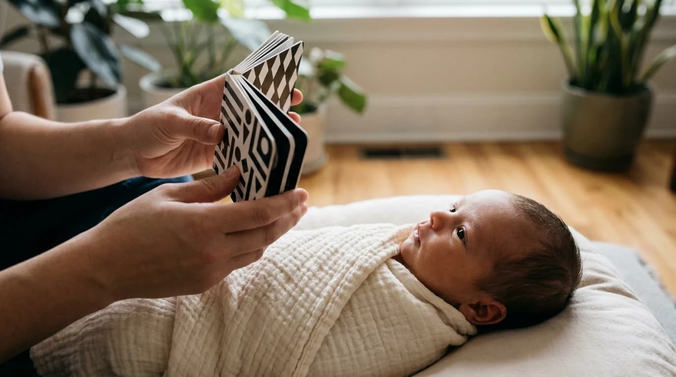A parent holding an open black-and-white board book above a newborn lying on a soft blanket, the baby's eyes fixed on the page.