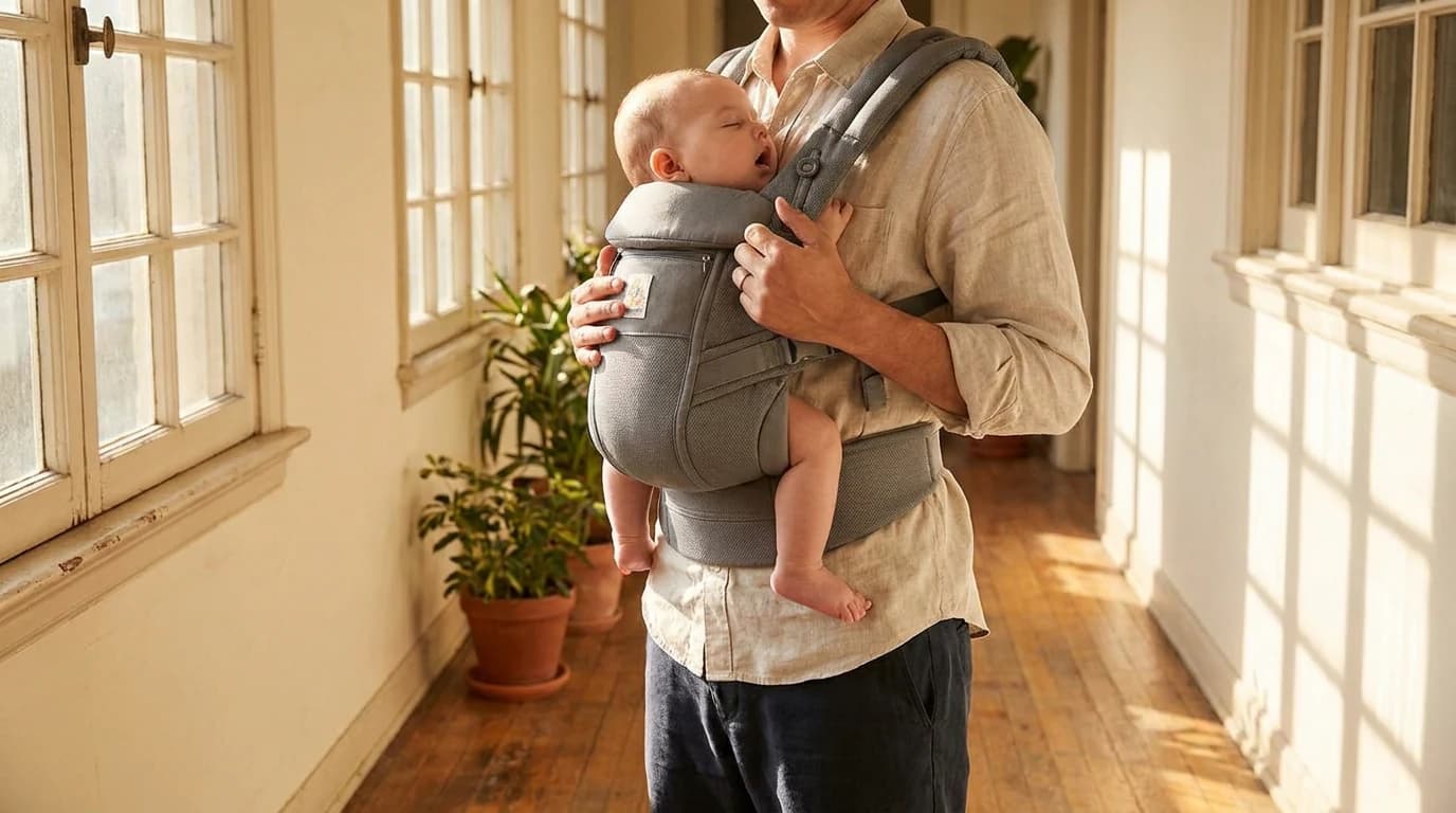 A parent standing in a sunlit hallway wearing a newborn in a structured carrier, the baby's legs spread in an M shape and their face turned outward against the parent's chest.