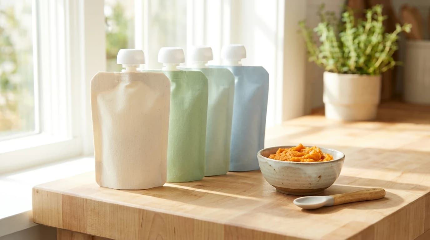 A row of soft baby food pouches standing on a kitchen counter beside a small bowl of mashed sweet potato and a rubber-tipped spoon.