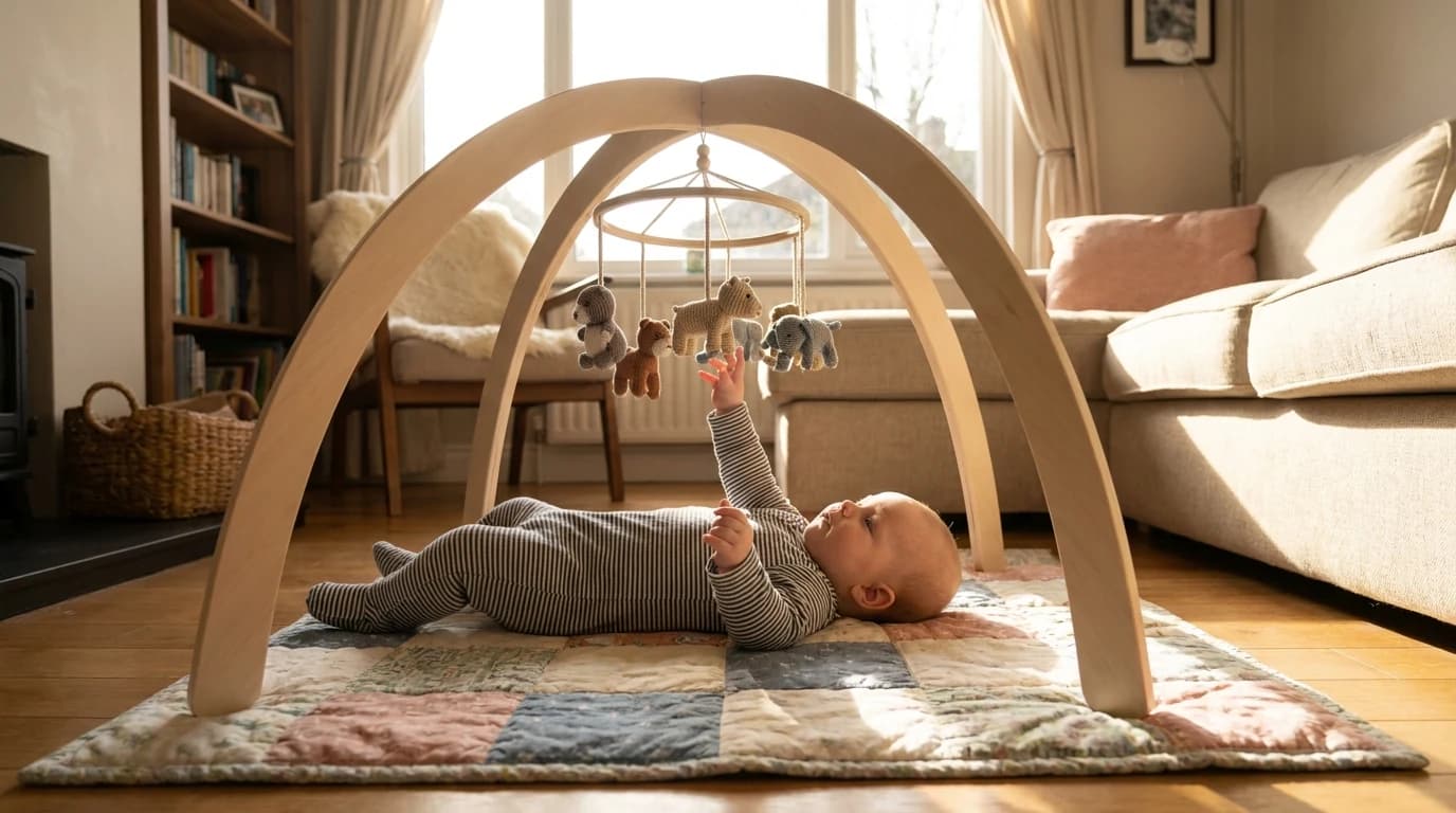 A baby lying on their back on a padded play mat, one arm reaching up toward a wooden arch with soft toys hanging within arm's length.