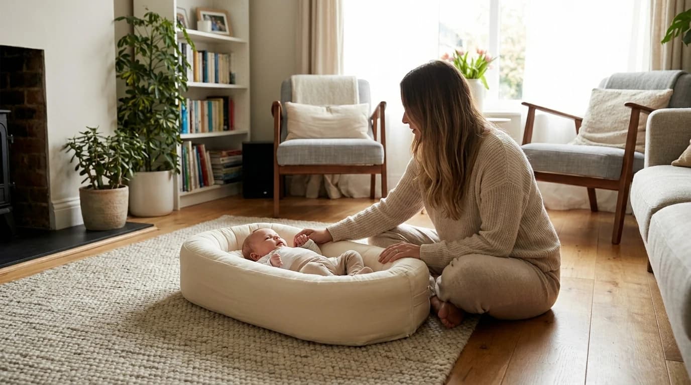 A baby lying awake in a soft oval lounger placed on a living room floor, with an adult sitting on the rug right beside it within arm's reach.