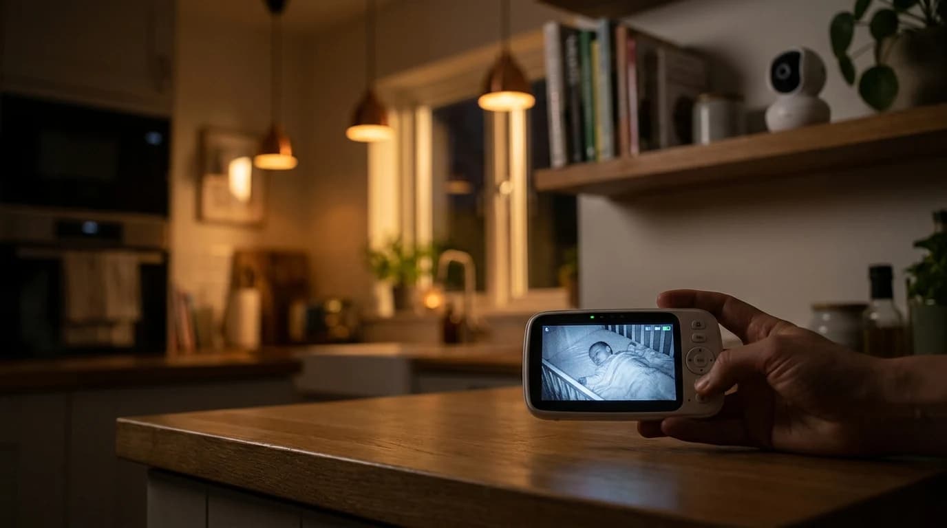 A parent unit with a small color screen sitting on a kitchen counter showing a sleeping baby, the nursery camera visible on a shelf in the background.