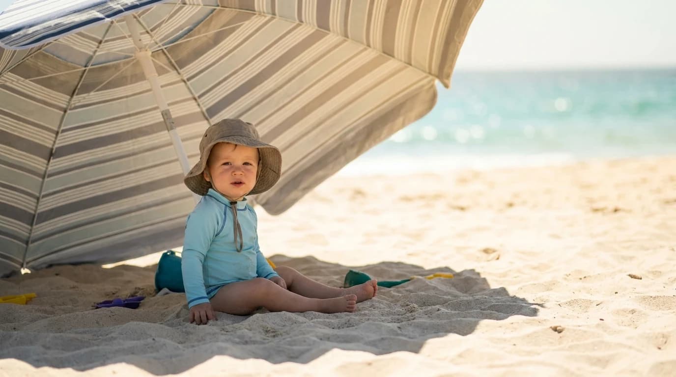 A baby in a wide-brim sun hat and a long-sleeved swim shirt sitting in the shade of a beach umbrella on pale sand.