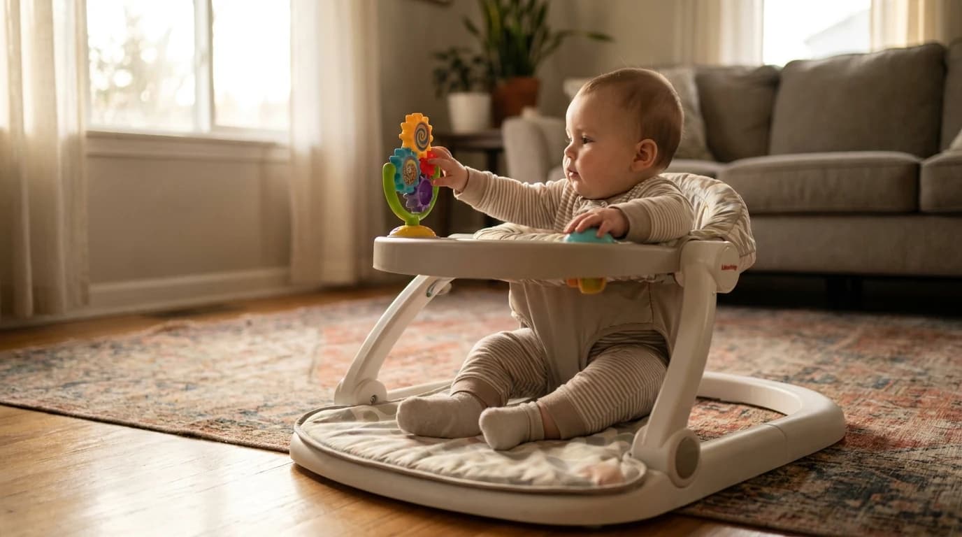 A baby seated in a stationary activity center with both feet flat on the floor, reaching for a spinning toy station.