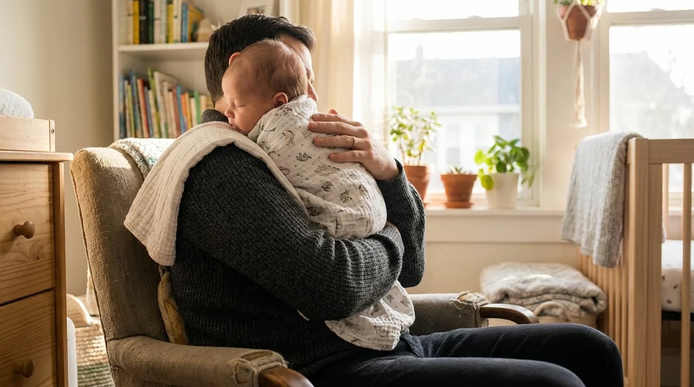 A parent holds a baby upright against their shoulder after a feed, with a burp cloth over the shoulder.