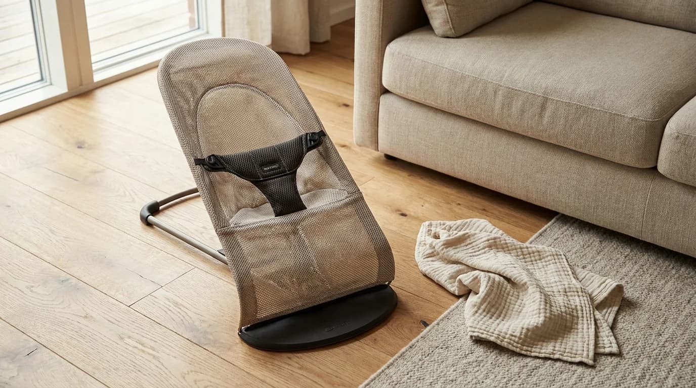 A baby buckled into a mesh-backed bouncer sitting flat on a living room floor beside a parent's feet.