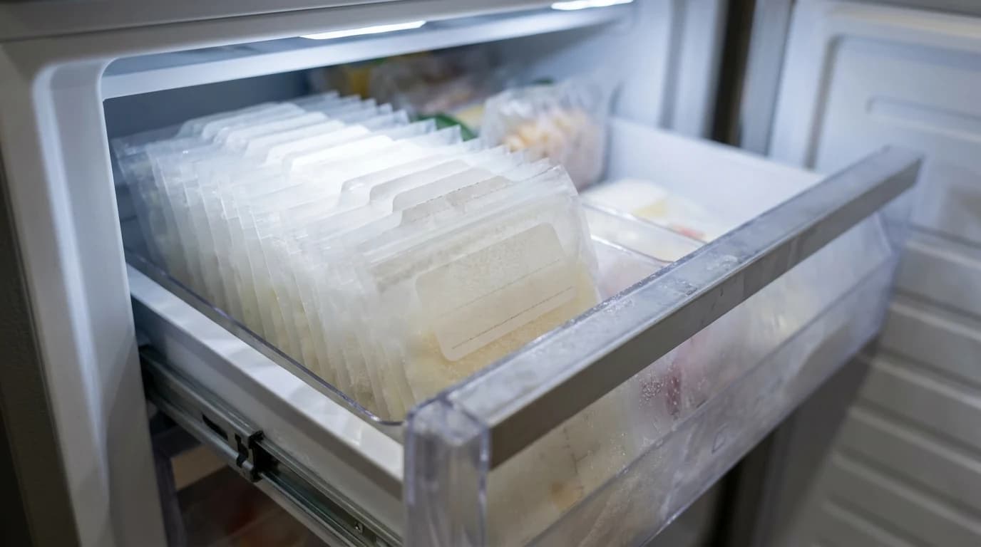 Frozen breast milk bags filed upright in a freezer drawer, each with a label area facing up.