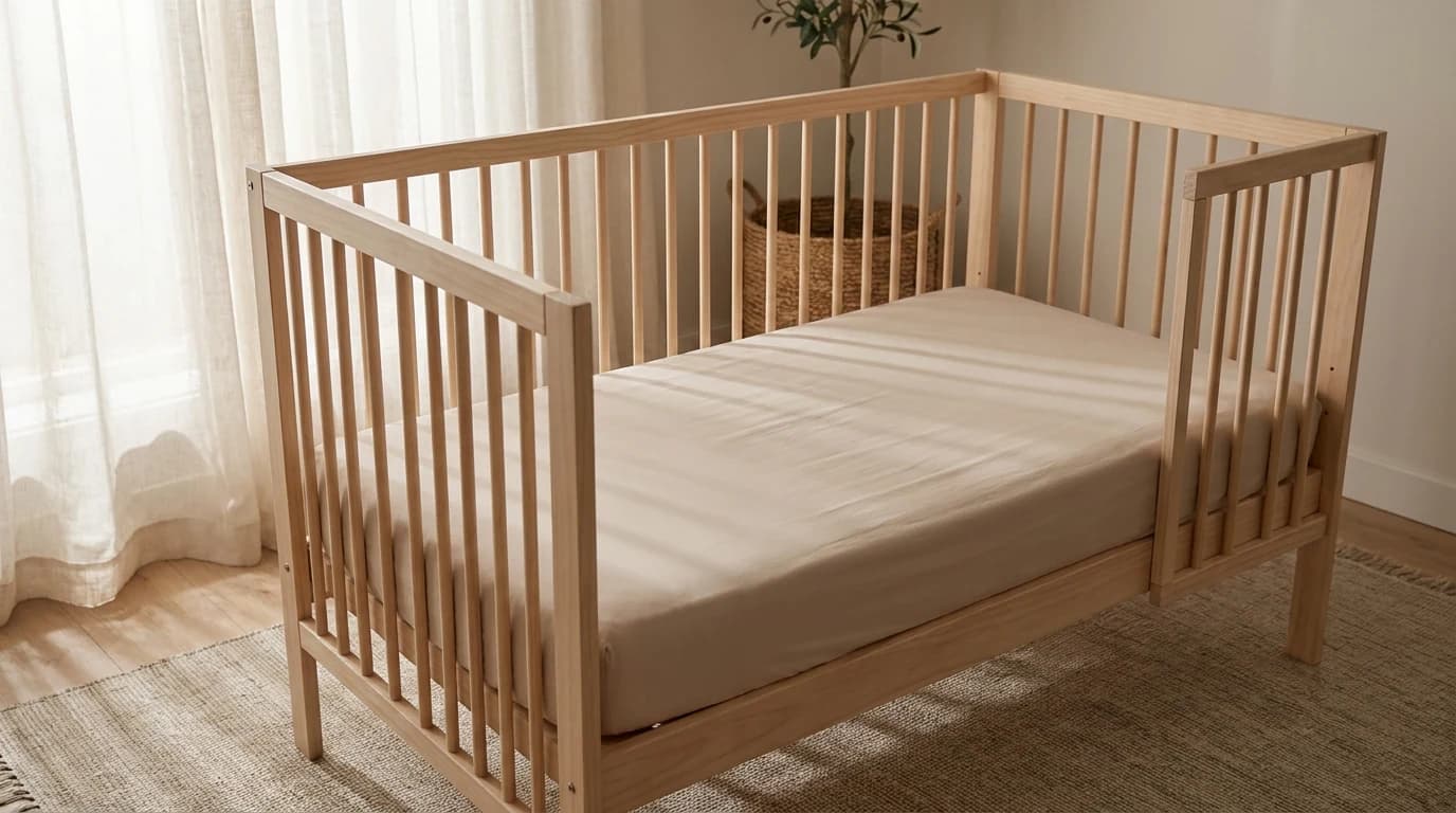 An empty crib with a firm, flat mattress and a single fitted sheet, no pillows, blankets, or bumpers.