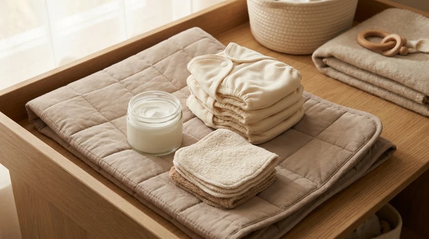 A changing table with a tube of barrier ointment, a stack of clean diapers, and folded cloth wipes within arm's reach.
