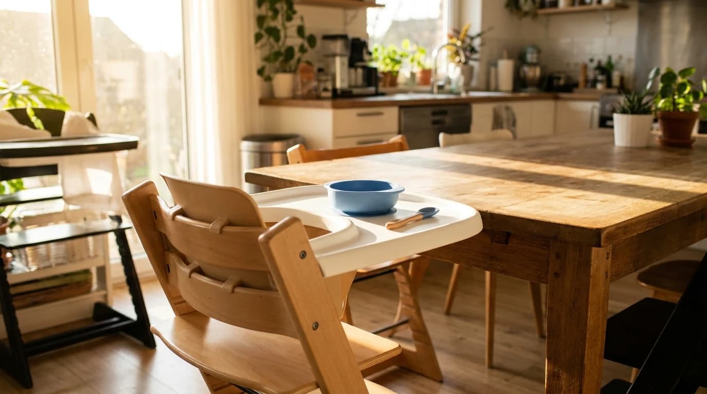 A wooden high chair with a wipeable tray pulled up to a family dining table.