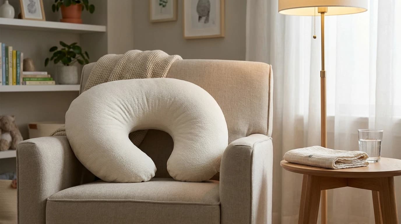 A firm wraparound nursing pillow buckled around a seated parent's waist, holding a newborn level at chest height.