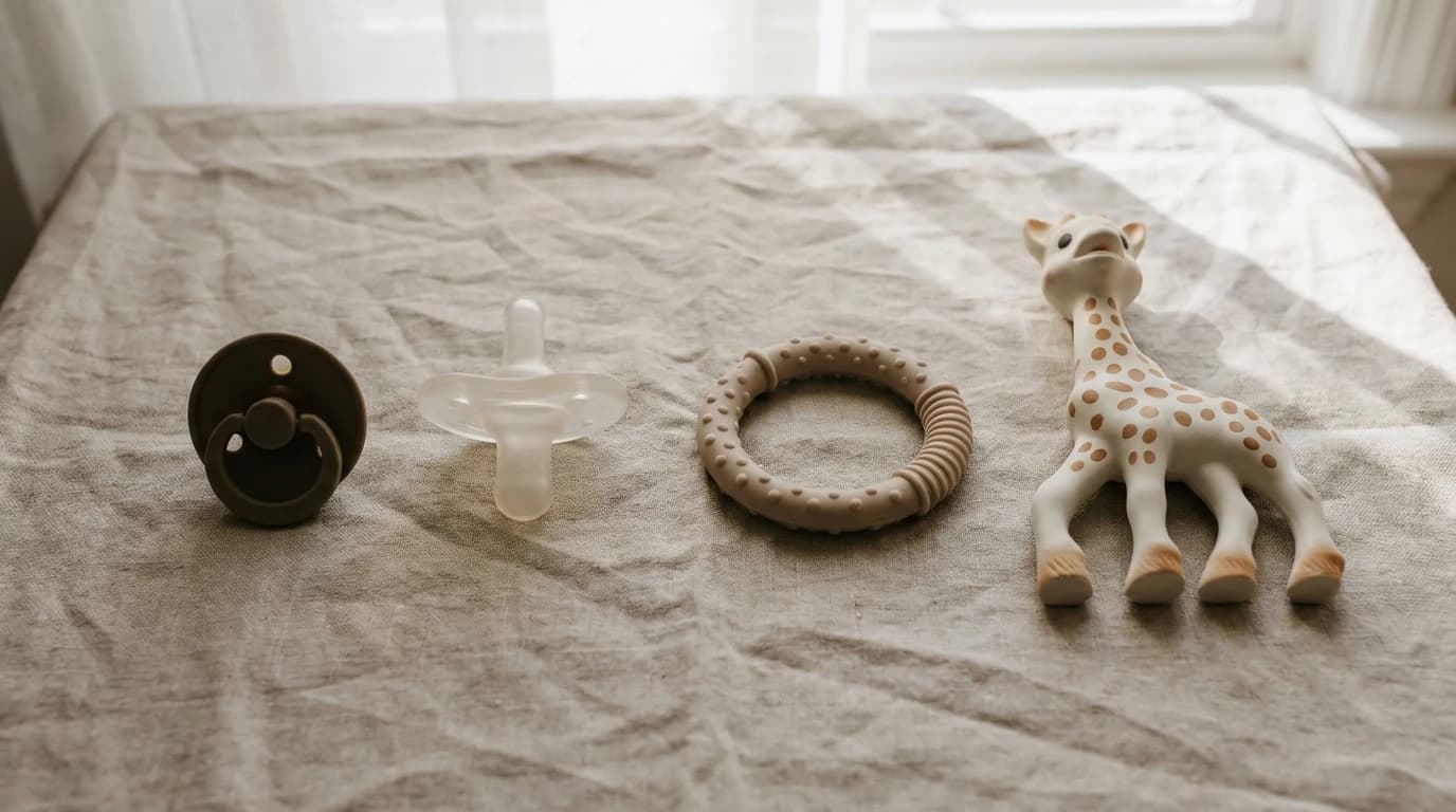 Four pacifiers and two teethers arranged in a row on a clean pale surface, showing round rubber, one-piece silicone, and textured teething shapes.