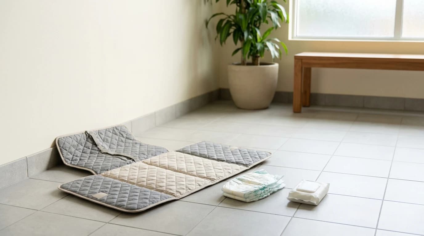 A portable changing pad spread open on a clean floor in a quiet corner of a family restroom, with a diaper and wipes beside it.