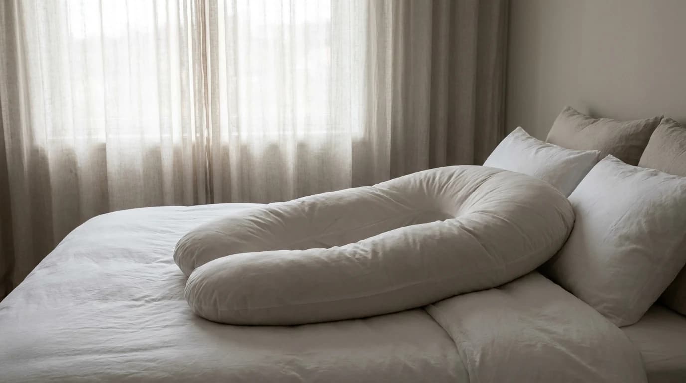 A U-shaped pregnancy pillow arranged on a made bed with the curve open toward the sleeper's side.