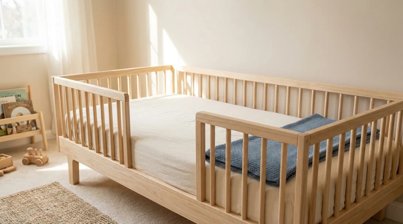 A low toddler bed with guardrails on both sides and a center opening, made up with a fitted sheet in a small child's bedroom.