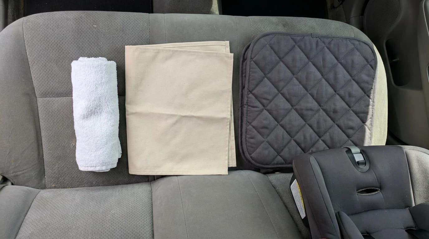 Three options laid out on a car's back seat — a rolled hand towel, a flat single-layer cotton cloth, and a thick quilted seat protector, beside a car seat base.