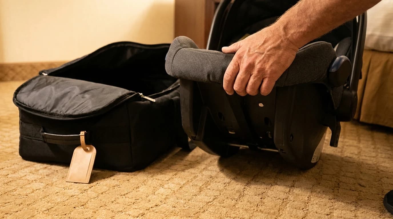 Hands lift an infant car seat out of an unzipped padded travel bag to check the shell and handle.