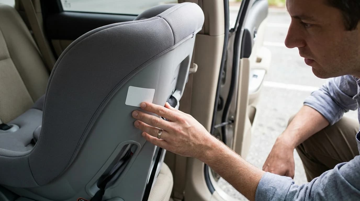 A parent crouched at an open car door, one hand resting on the side of a forward-facing child car seat beside its information label.