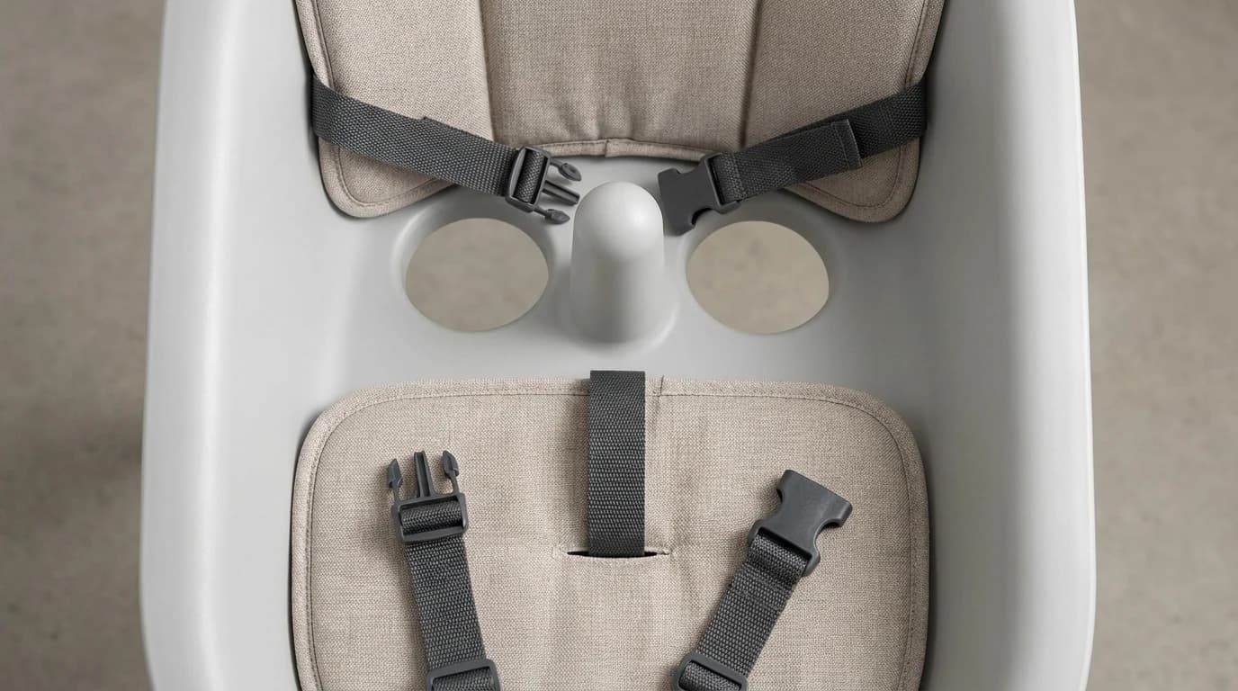 Overhead view of an empty high chair seat with the tray removed, showing a fixed centre post between two bounded leg openings with the harness webbing laid flat.