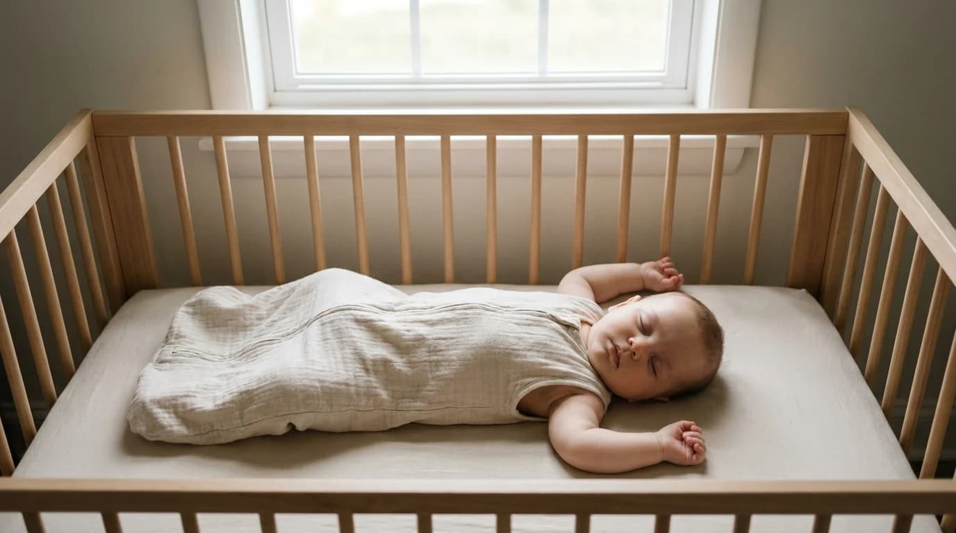 A sleeping infant lying on their back in an empty crib wearing a sleeveless sleep sack, arms free and resting above their head.