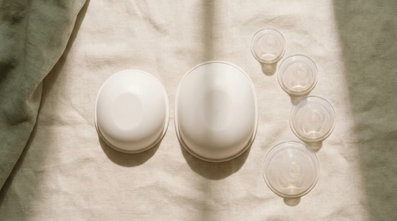Two wearable breast pump collection cups of noticeably different thickness lie beside four clear silicone flange inserts of increasing diameter on pale linen.