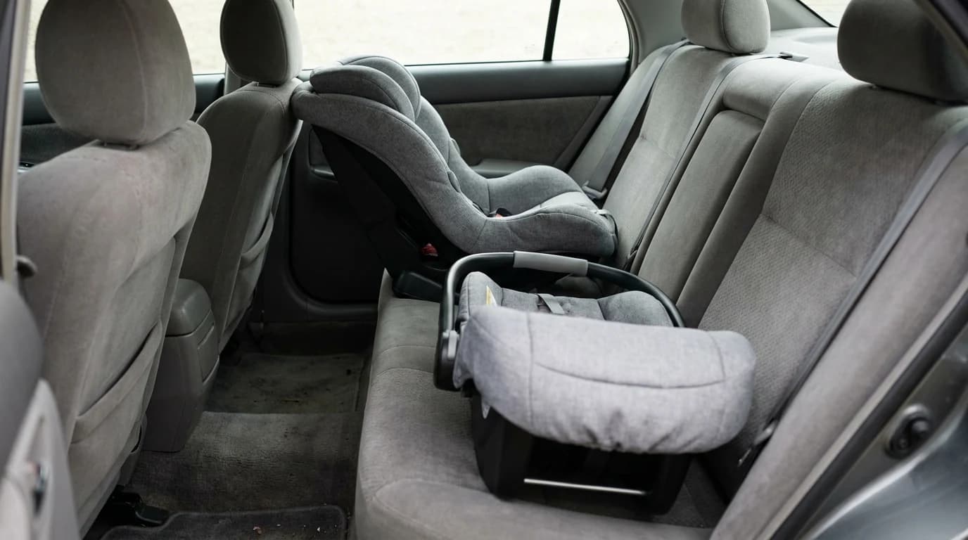 A convertible car seat installed rear-facing on a car's back bench, with a smaller infant car seat carrier resting beside it in soft daylight.