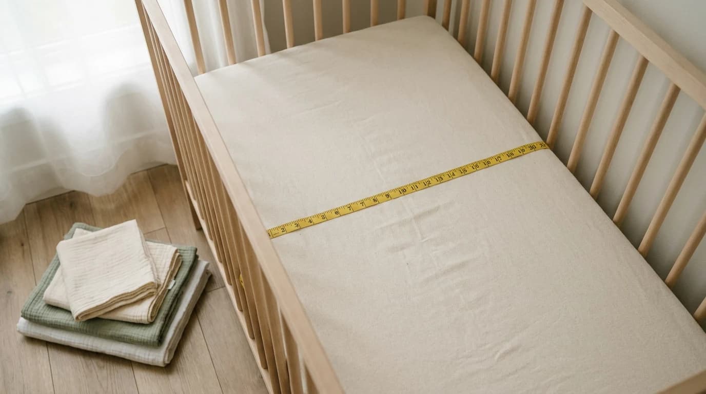 A cloth tape measure laid across the width of a crib mattress inside a light wooden crib, with a folded stack of cotton and muslin fabric on the floor beside it.