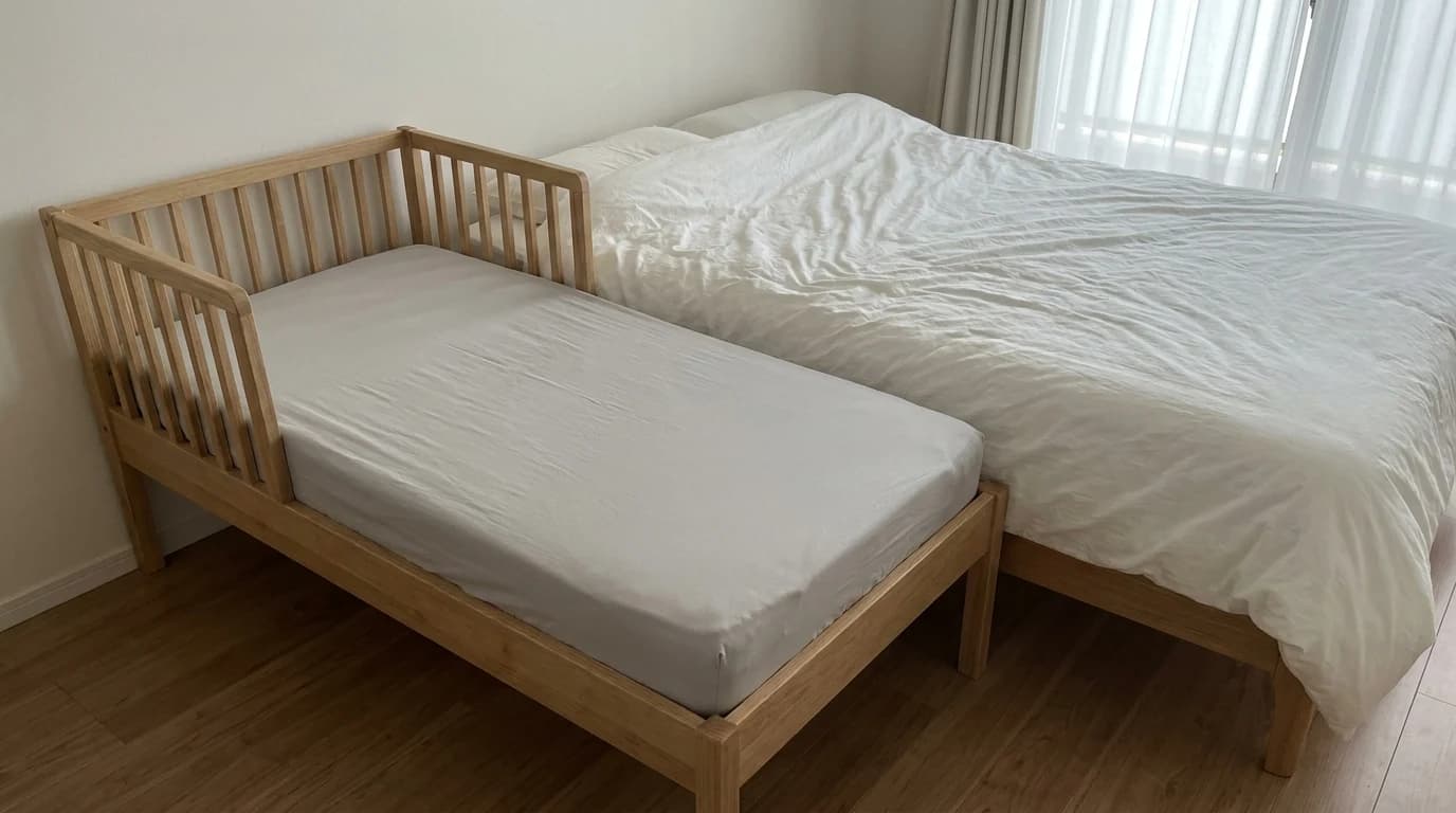 An empty bassinet with a firm, completely flat mattress beside a bed, nothing in it but a fitted sheet.