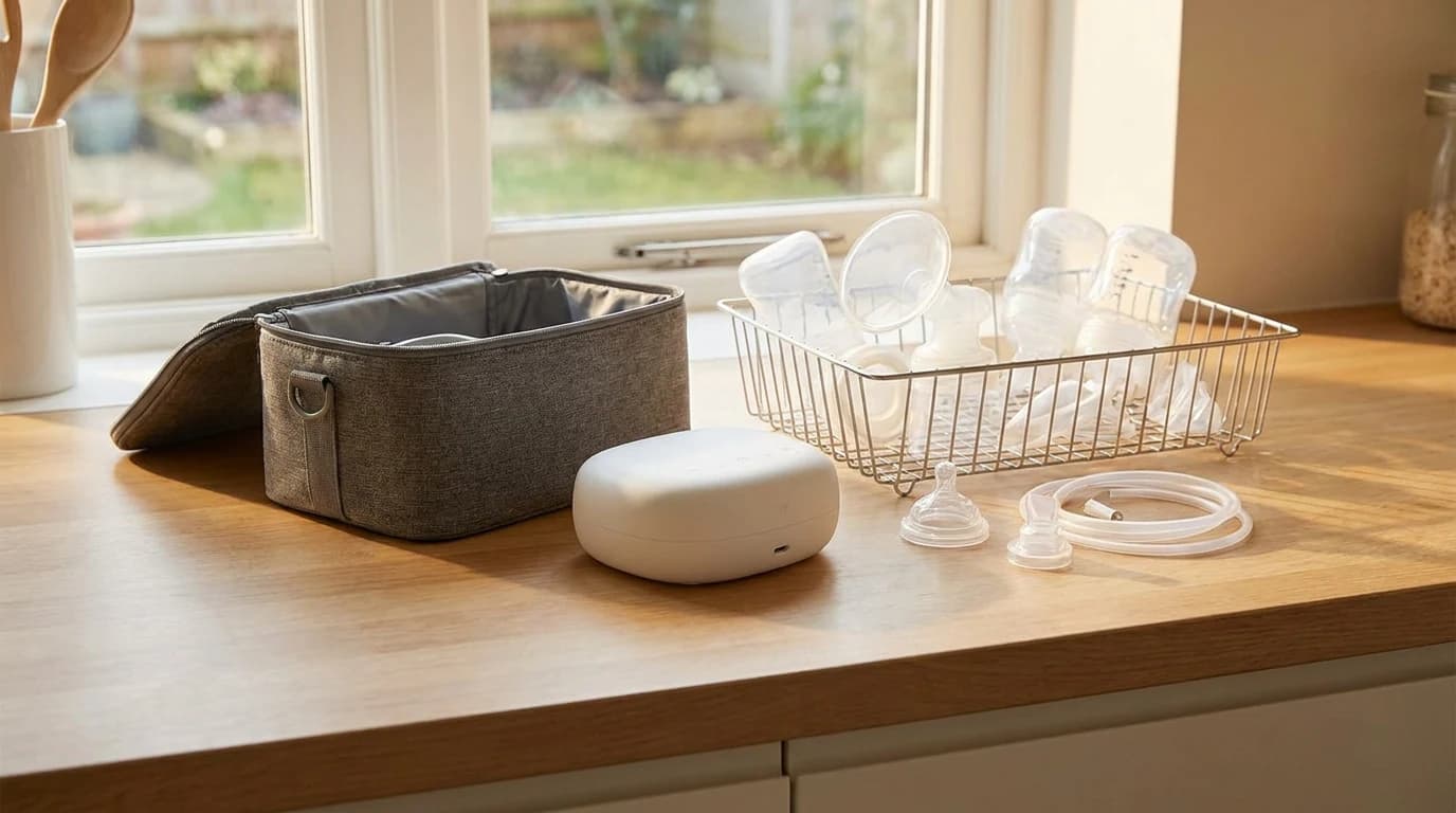 A closed-system electric breast pump on a kitchen counter beside its carrying bag, collection bottles drying on a rack in soft morning light.