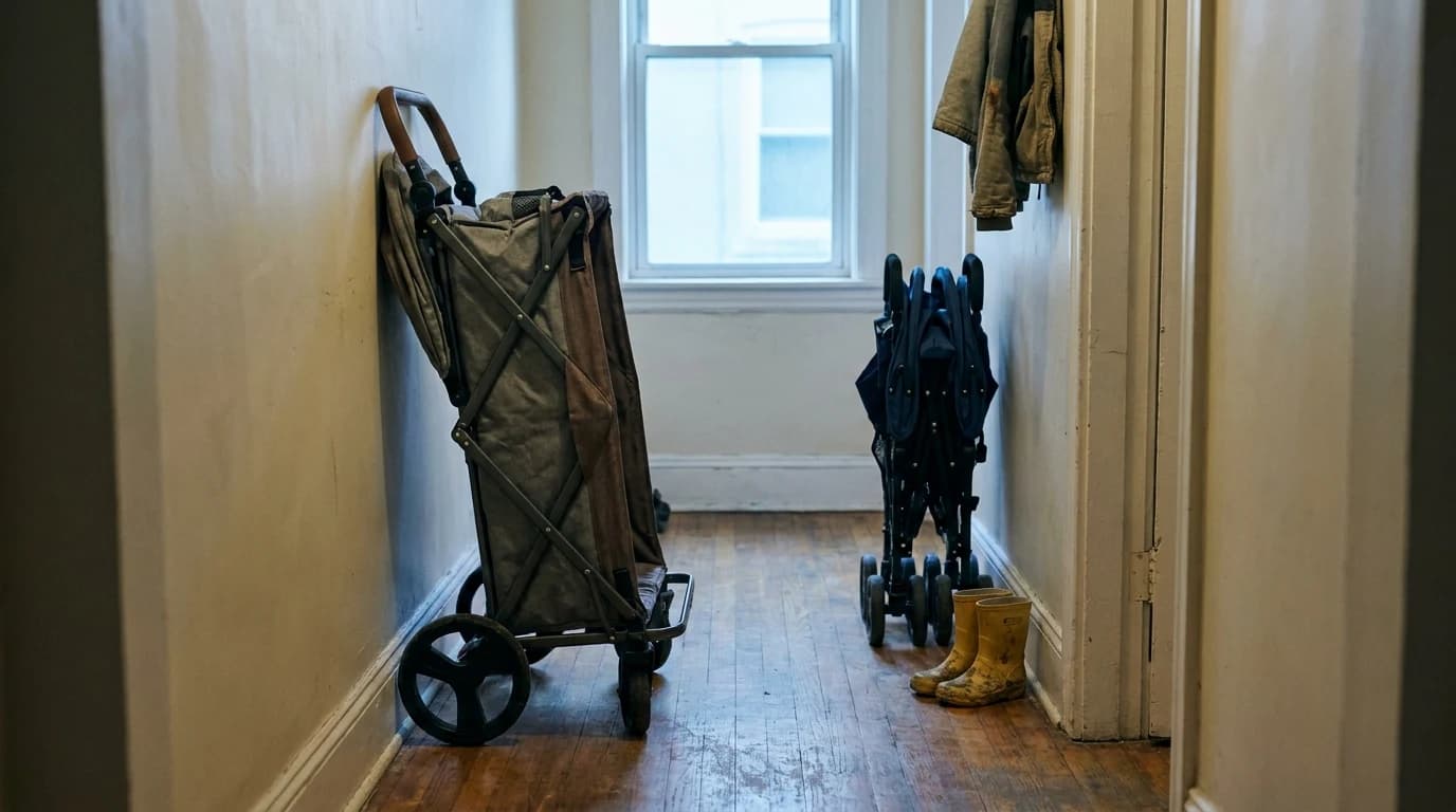 A folded stroller wagon leaning against the wall of a narrow apartment hallway beside a slimmer folded double stroller.